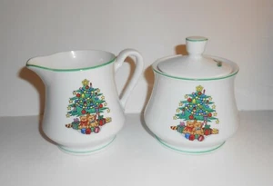 Hand Decorated Porcelain Sugar/Creamer Set Made in Japan - Christmas Tree Scene - Picture 1 of 6