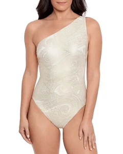 Lauren Ralph Lauren Women's Lux Paisley One Shoulder Swimsuit Gold B4HP $140 - Picture 1 of 12