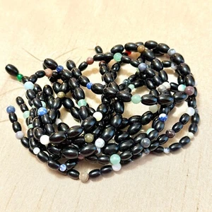 Black Glass Rice Beads with Mixed Gemstone Crystal Rounds - 6 Strands - Picture 1 of 6