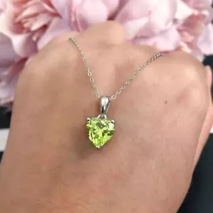 2Ct Heart Cut Natural Green Peridot 14k White Gold Plated Solitaire 925 Pendant - Picture 1 of 3