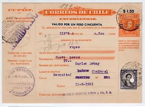 Chile 1931 Boletín de Encomienda Paquete Post 1.5p Lastra Overp. a Chañaral USADO - Imagen 1 de 2