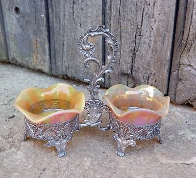 Ancienne Salière Double Décor Rocaille Salerons en Verre Irisé Métal Argenté  - Photo 1/4