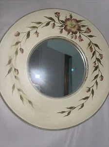 Accent Entry Wall Mirror Wood Floral Cottage Core Round Antiqued Cream Pink 15” - Picture 1 of 12