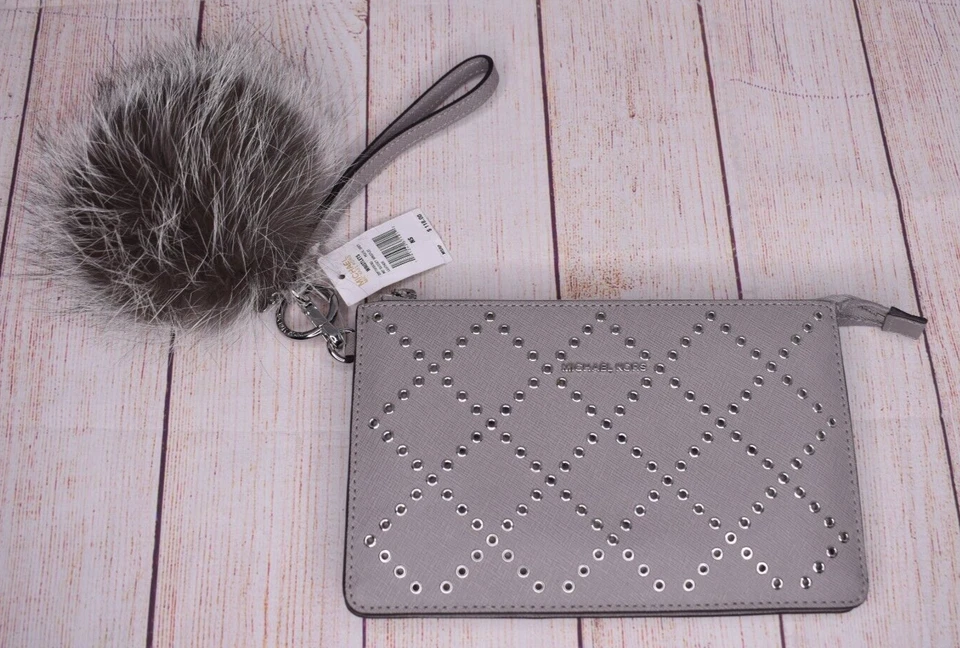 NUEVO NUEVO CON ETIQUETAS Michael Kors Mediano Refuerzo Gris Cuero Muñequera con Llavero de Piel Llavero Foto 1 de 4