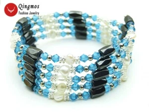 Natural Pearl Bracelet for Women Jewelry with Light Blue Crystal & Hematite b357 - Picture 1 of 5