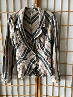 BLAZER/JAQUETA DE LINHO Free People listras vermelhas brancas e azuis (tamanho 6) bolsos bainha crua - Imagem 1 de 4