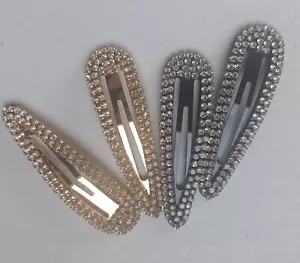 4 Rhinestone Snap Hair Clips, Sparkle Crystal Gold & Silver - Picture 1 of 10