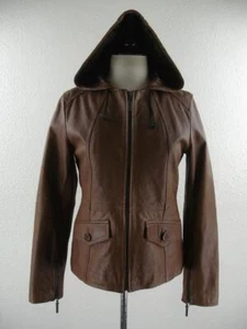 Women's S a.n.a. Brown Leather Jacket Hoodie Hooded Parka Full-Zip Dress Bomber - Picture 1 of 22