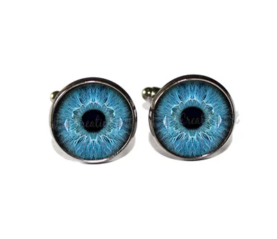 Blue Eyes Eyeball Gothic Mens Handmade Round Glass Metal Cufflinks For Him - Image 1 of 3
