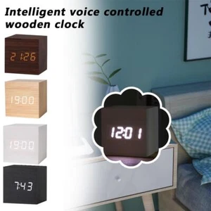 LED Digital Intelligent Voice Controlled Alarm Clock Wood Wooden Modern . - Picture 1 of 13