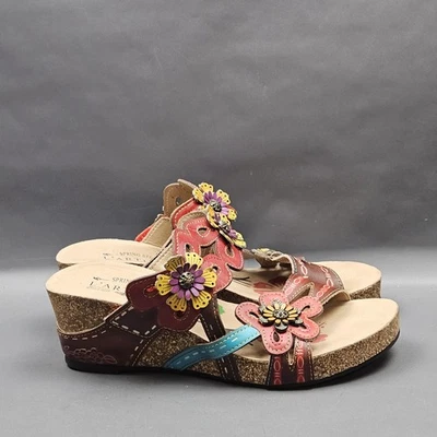 Spring Step L'Artiste Carswan Sandals Womens 9 Brown Red Wedge Floral Leather - Image 1 of 4