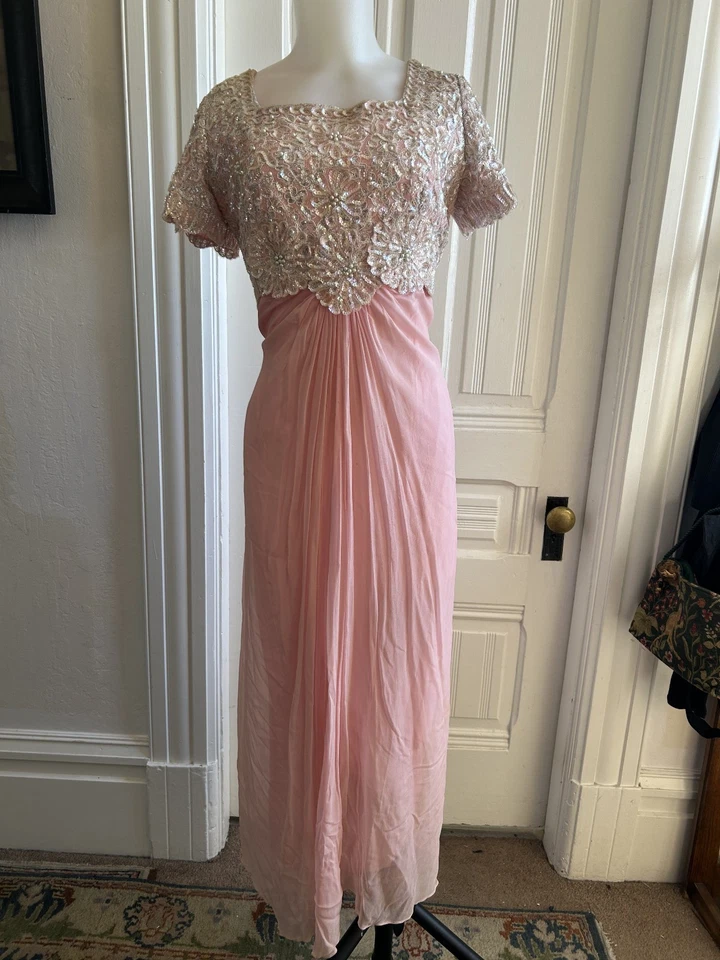 Vestido vintage años 60 70 Emma Domb rosa lentejuelas cuentas con capas de gasa talla M Foto 1 de 4