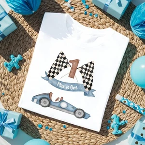 Personalised Blue Racecar Birthday T-shirt - Picture 1 of 4