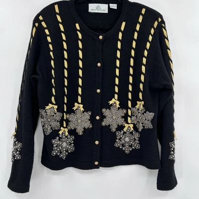 VTG Design Options Womens Lambswool Snowflake Sweater Size M Black Gold Beaded - Image 1 of 4