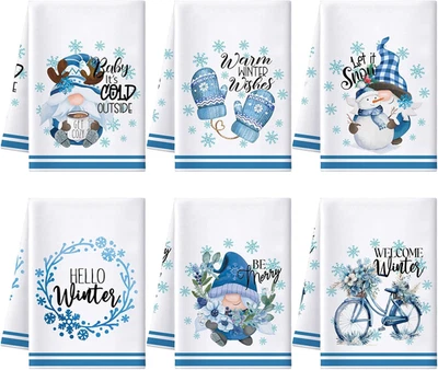 6 Piezas Hola Invierno Toallas de Cocina Muñeco de Nieve Gnomo Plato Azul Copo de Nieve Té Navidad Foto 1 de 4