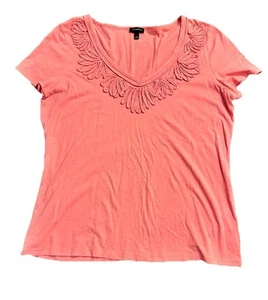 Talbots Top Large Salmon Pink Cotton Blend Floral Embroidered Casual - Picture 1 of 7