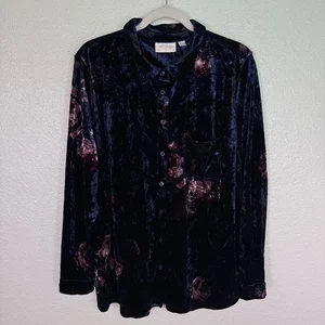 Belle by Kim Gravel Top Damen XL Samt dunkel geblümt stimmungsvolle Tunika Bluse blau - Bild 1 von 11