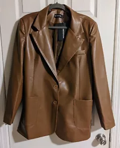 PRETTYLITTLETHING Brown Faux Leather Blazer US 10 Chocolate Oversized Rare Style - Picture 1 of 5