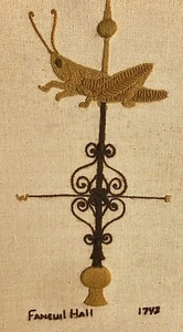 Vintage Crewel Needlework 1960's Faneuil Hall Boston Grasshopper Weathervane Art - Picture 1 of 6