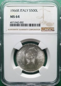 1966 R ITALY 500 LIRE SILVER NGC MS 64 - Picture 1 of 2