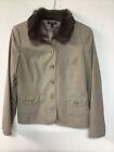 Lands End womens 8 Tweed blazer jacket button front fur collar tan brown