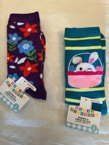 Happy Easter two Pair Grn/Purpl Crew Socks w/Bunny Rabbit print. Fit Size 9/11. - Picture 1 of 1