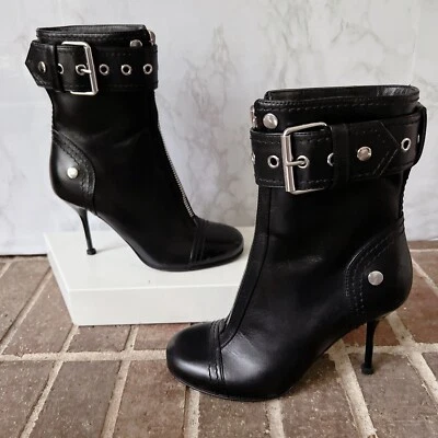 Alexander McQueen Biker Zipper Heeled Ankle Boots Black Leather EU 36 US 6 $1790 - Image 1 of 4