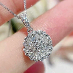 1.5Ct Round & Baguette Moissanite Cluster Pendant Necklace 14K Solid White Gold - Picture 1 of 2