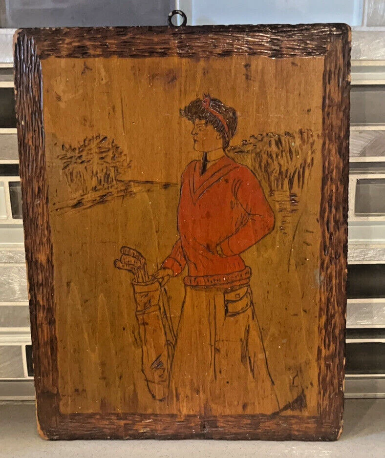 复古高尔夫主题艺术家 Pyrography 木蚀刻壁挂;Christy Girl 高尔夫球手 — 第 1/4 张图片