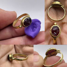 UNIQUE ANCIENT ROMAN GOLD RING WITH GARNET INTAGLIO KING FACE DEPICTED