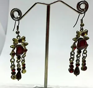 Vintage Gold Metal Red Ruby Crystal Long Drop Earrings 1980' - Picture 1 of 4