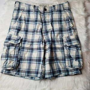 Abercrombie & Fitch 30 x 9" Blue Plaid Thick Distressed Twill Cargo Shorts. EUC! - Picture 1 of 11