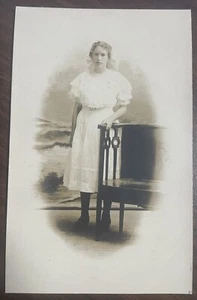 RPPC AZO 1904 1918 Real Photo Postcard Wildwood New Jersey Womans Portrait Dress - Picture 1 of 2