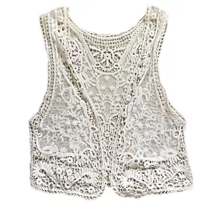 Vintage Reworked Lace Tablecloth Open Waistcoat Vest UK 8 Handmade 90s Offers Ok - Picture 1 of 5