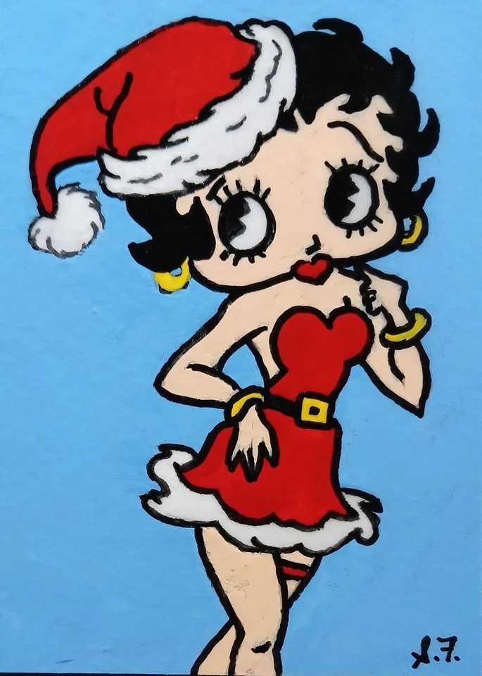 Betty Boop Christmas Santa ATC CARD ACEO ORIGINAL HAND PAINTED Signed OOAK - Image 1 of 1