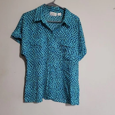 Nwt Womens Blouse Aqua Blue Leopard Print Top Button Up Shirt Sz XLP Petite - Image 1 of 3