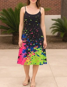 Women Splash Black Rainbow Ink Print Tank Dress Size Lare NWOT Fit & Flare - Picture 1 of 5