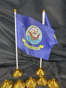U.S. Navy Ship Emblem Flag 4x6 Desk Set Table Black Base Gold Staff Pack of 12 - Picture 1 of 7