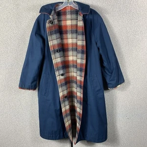 Vintage Women’s Wool Overcoat 46" XL Reversible Rain Jacket Coat Blue Red Plaid - Picture 1 of 13