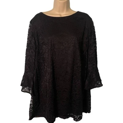 Blusa Top Croft & Barrow Para Mujer 3X Negra Floral Encaje Manga Campana Forrada Elegante Foto 1 de 4