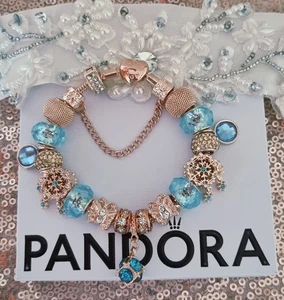 Genuine Pandora Bracelet Rose Gold Heart with Rose Gold Charms 20 cm & Box - Picture 1 of 14