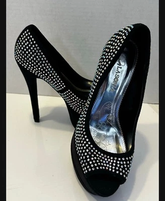 black suede platform stiletto heels with rhinestone embellishments Size:5 - Image 1 of 4