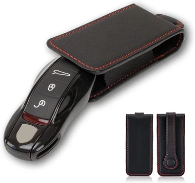 Real Leather Key Fob Cover Black with Red Stitch Fits Porsche Smart Remote Key - Image 1 of 4