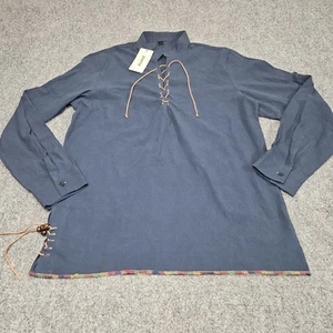 Jemitop Lace Up Pirate Shirt Mens Medium Navy Blue Medieval Renaissance Costume - Picture 1 of 10