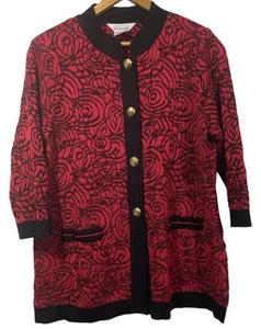 Exclusively Misook Button Up Cardigan Red Black Textured 3/4 Sleeve Sz L Office - Picture 1 of 8