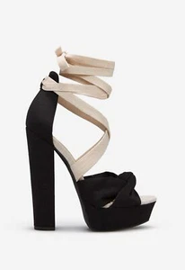 Dewei by SHOEDAZZLE Black and tan/beige linen 6" heel platform sandals, SZ 7.5 - Picture 1 of 4