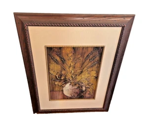 Vintage Relief Oil Painting Vase Leaves Wheat Brown Tones - Picture 1 of 10