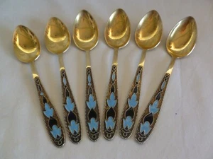 SOVIET RUSSIAN 875 SILBER VERGOLDETE EMAILLE SET MIT 6 KLEINEN LÖFFELN - 11,5 cm - 88,8 gr. - Bild 1 von 10