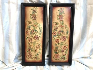 Set 2 Vintage Persian Middle East Painting on Lamb Hide Skin Leather Flower - Picture 1 of 6