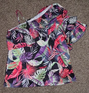 Neu mit Etikett Weekend by Suzanne Betro One-Shoulder-Top mit tropischem Druck und Rüschen Größe M - Bild 1 von 9